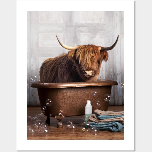 Highland Cow in a Bathtub Wall Art by DomoINK